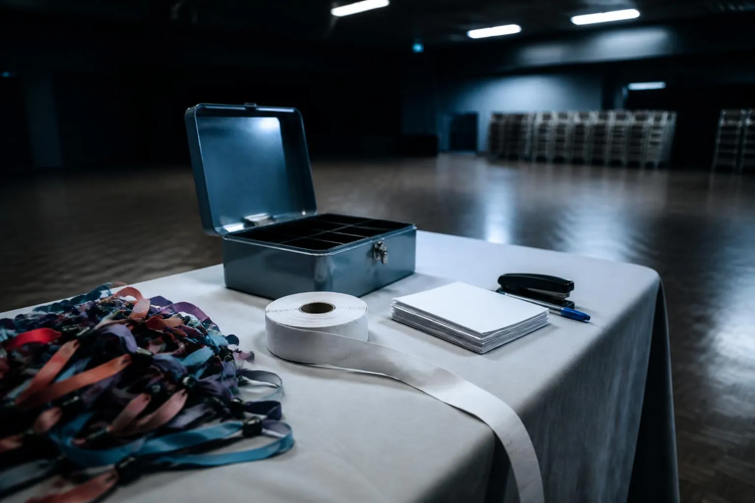 Table d'accueil d'une convention dans une salle des fêtes, bracelets en tissu, rouleau de tickets et caisse métallique