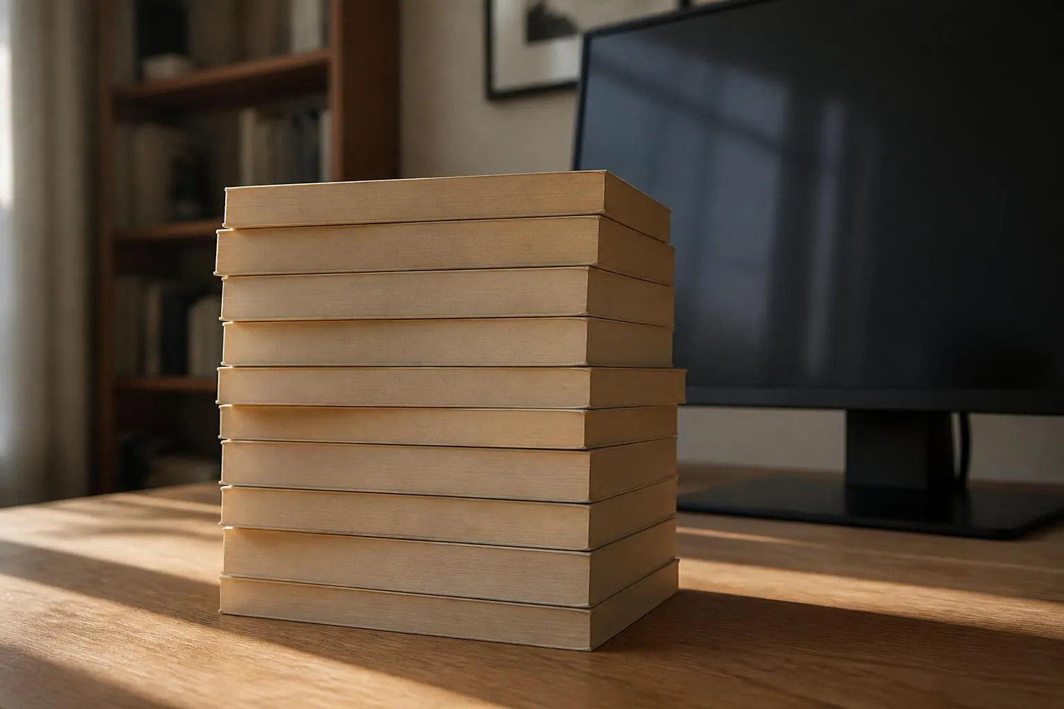 Pile de volumes format poche vue par la tranche, posée devant un écran éteint sur une table en bois