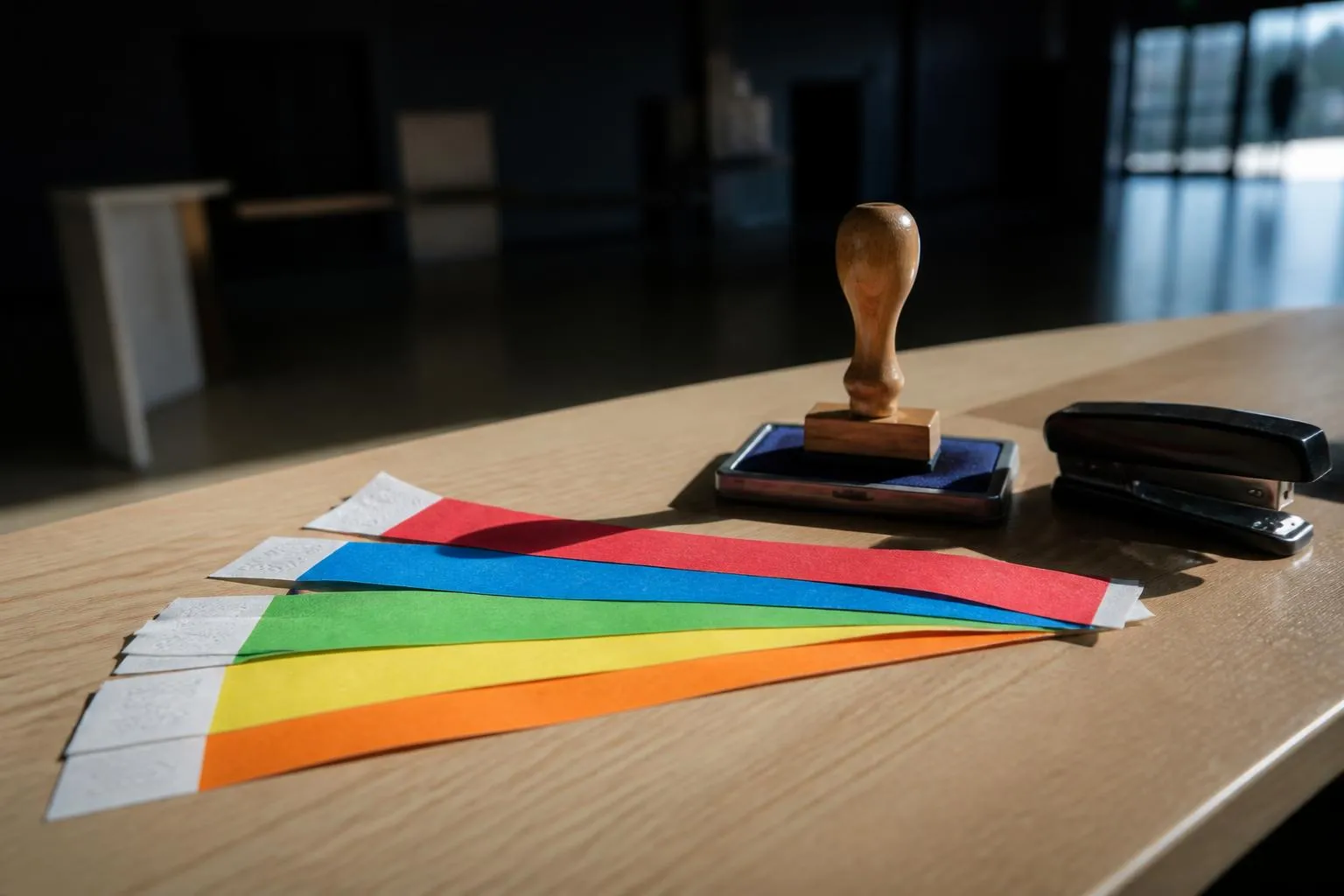 Bracelets d'entrée en papier de plusieurs couleurs empilés en éventail sur un comptoir en bois, à côté d'un tampon encreur