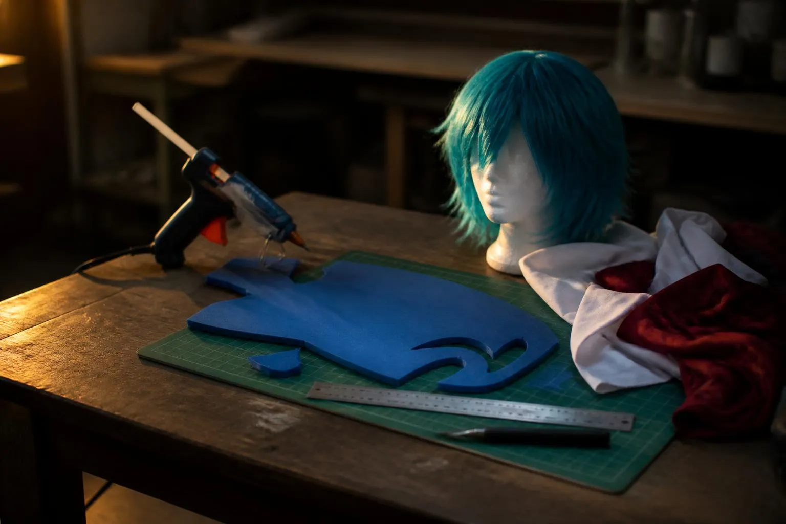 Table de travail de cosplay avec une perruque bleue sur son support en polystyrène, une plaque de mousse EVA découpée, un pistolet à colle et des chutes de tissu