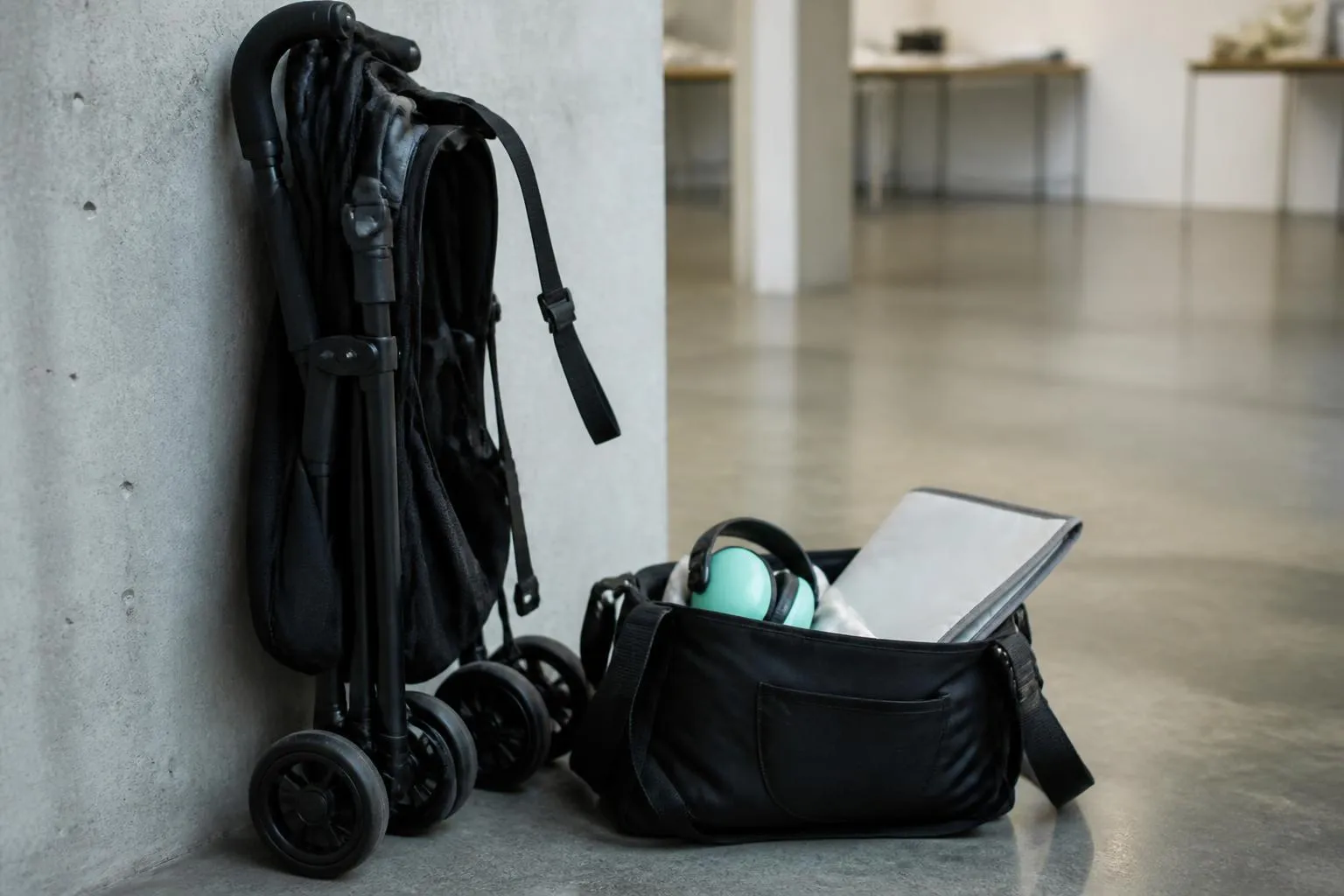 Poussette canne pliée posée contre un mur de hall d'exposition, à côté d'un sac à langer ouvert et d'un casque anti-bruit enfant