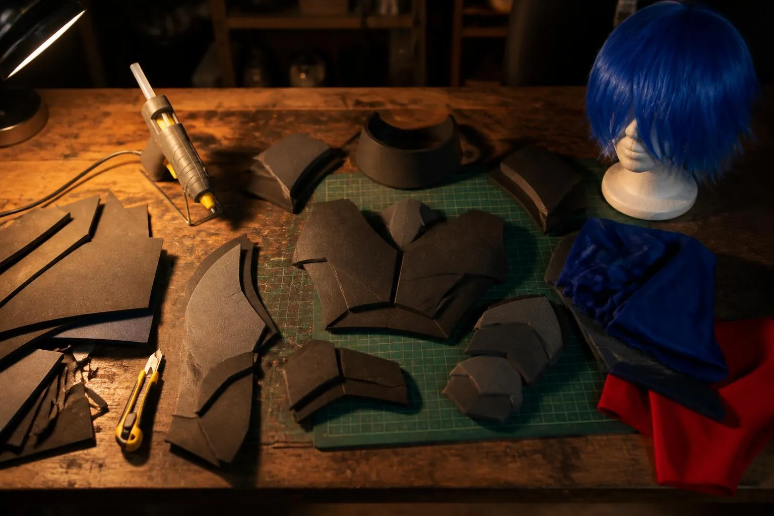 Plan de travail de cosplayeur : plaques de mousse EVA découpées, pistolet à colle chaude, cutter, chutes de tissu et une perruque bleue posée sur son support