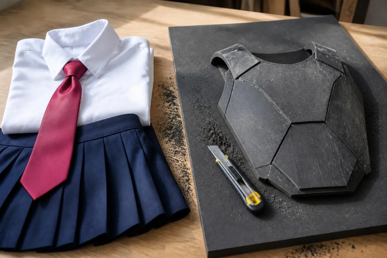 Sur une table, une chemise blanche pliée avec cravate et jupe plissée d'un côté, une plaque de mousse EVA et un morceau d'armure en cours de ponçage de l'autre