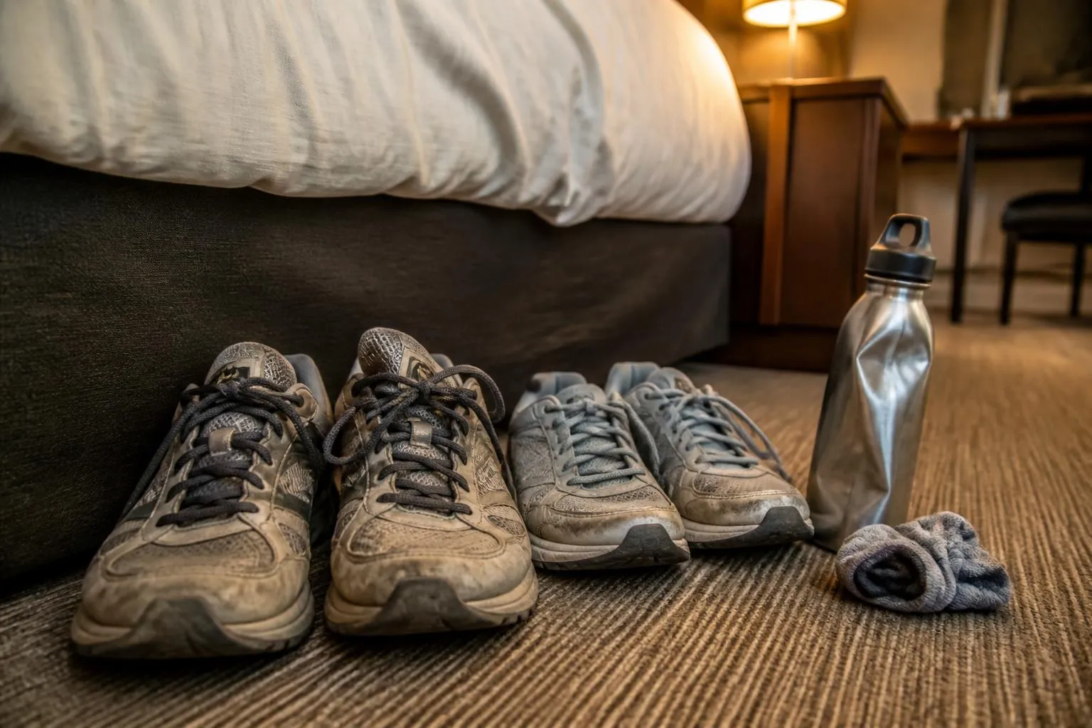 Deux paires de baskets usées posées au pied d'un lit d'hôtel, à côté d'une gourde métallique et d'une paire de chaussettes roulée