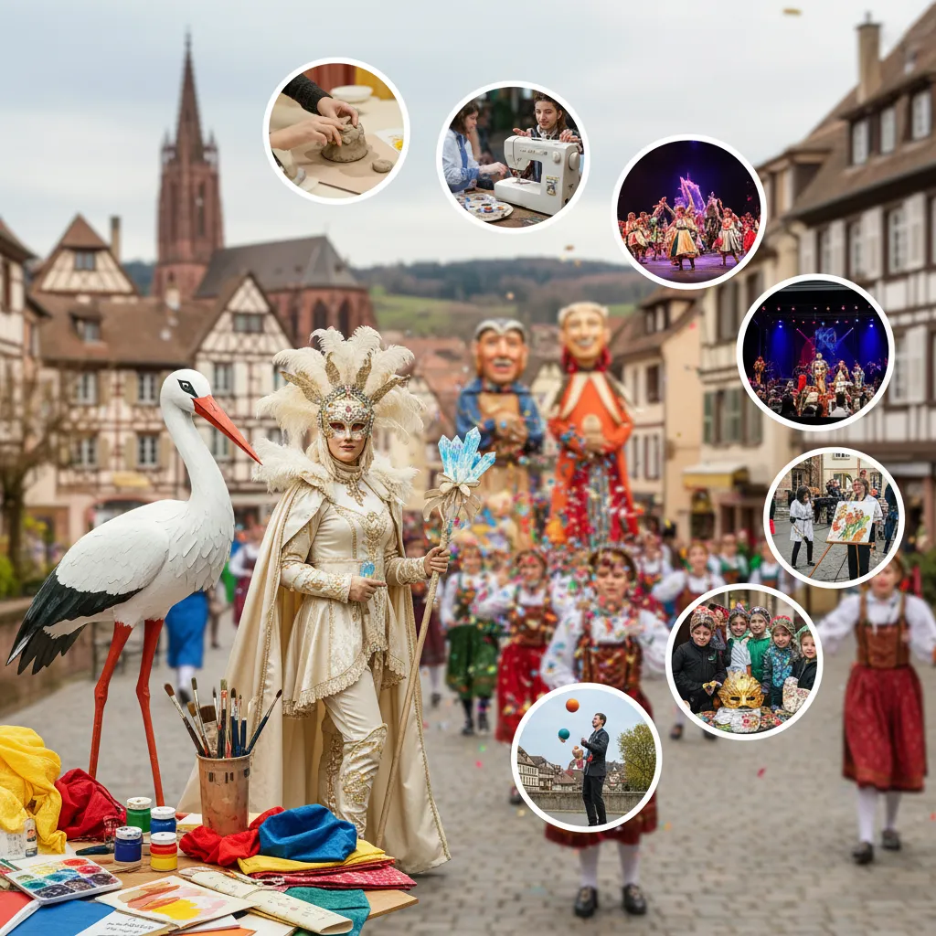 Personnages costumés de carnaval et cigogne blanche devant des maisons à colombages alsaciennes, entourés de médaillons montrant les sorties du week-end