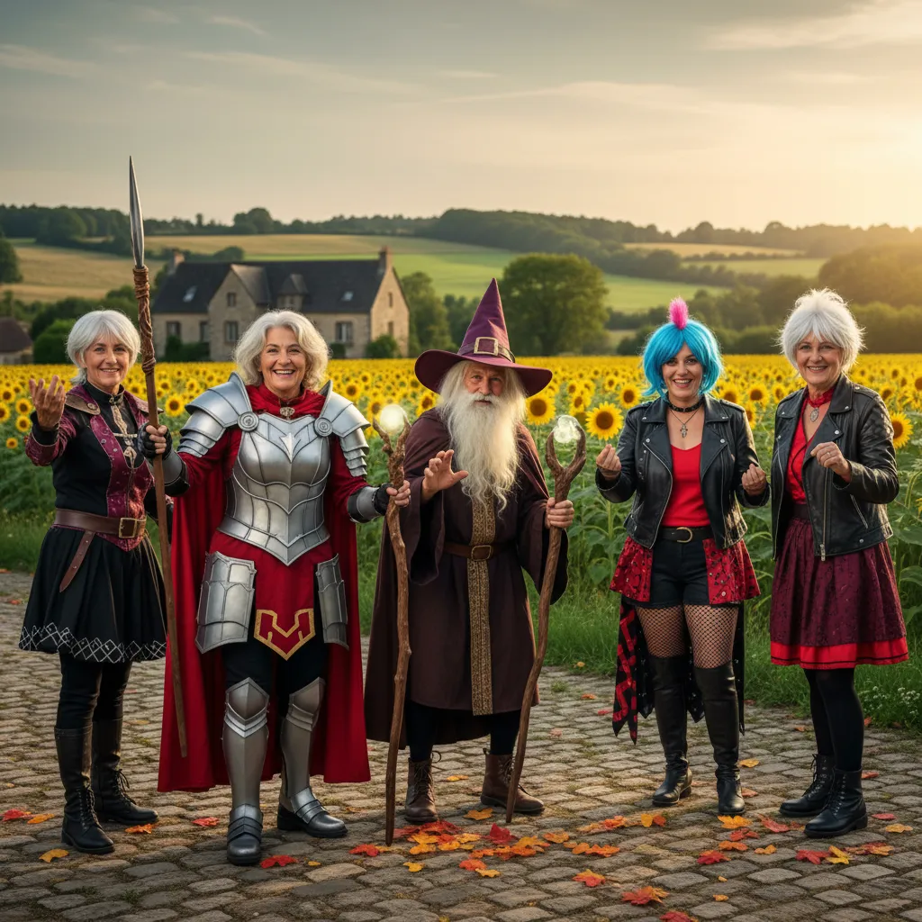 Cinq seniors en cosplay de chevalier, de magicien et de pirate posant dans un champ de tournesols des Deux-Sèvres