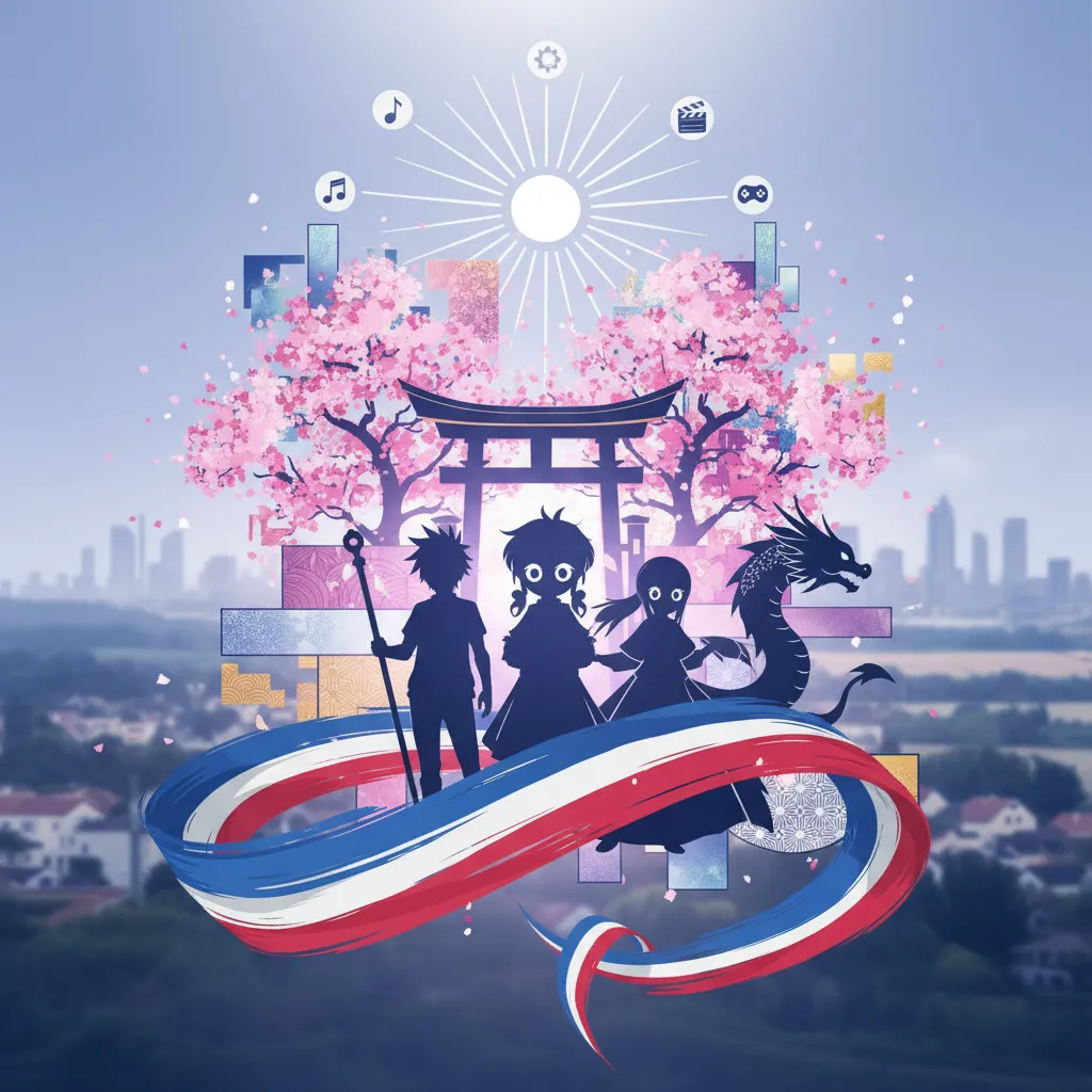 Silhouettes de personnages manga devant un torii sous les cerisiers en fleurs, ruban bleu-blanc-rouge au premier plan
