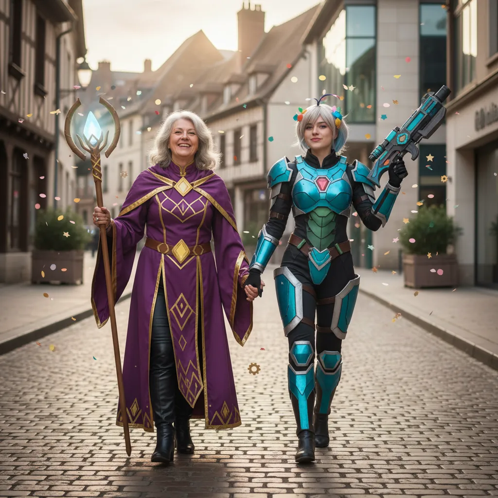 Deux femmes d'âge mûr en armures de fantasy violette et turquoise posant fièrement dans une rue du Sud-Ouest