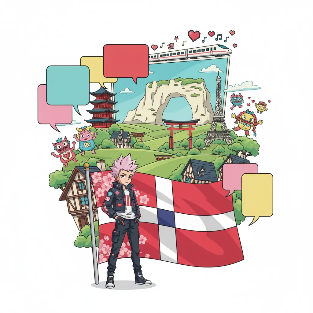Illustration façon manga d'un personnage aux cheveux roses portant le drapeau normand, entouré de bulles et d'un torii