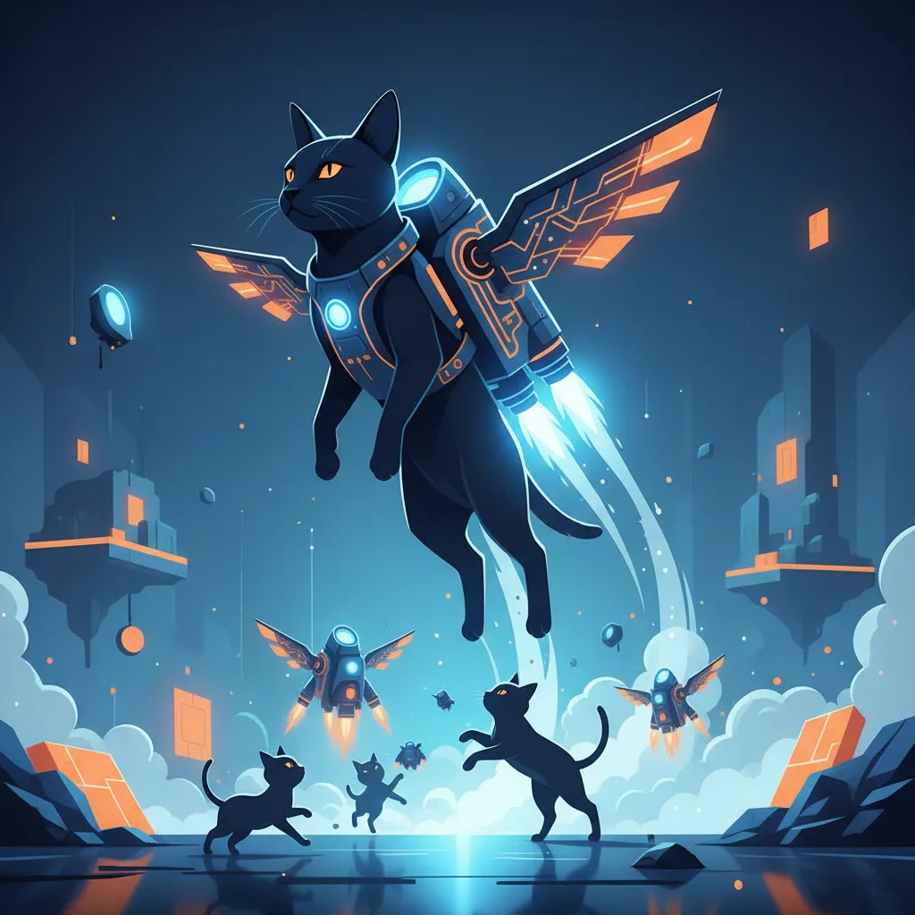 Chat noir équipé d'un jetpack s'envolant au-dessus d'autres chats, dans un décor de bande dessinée futuriste
