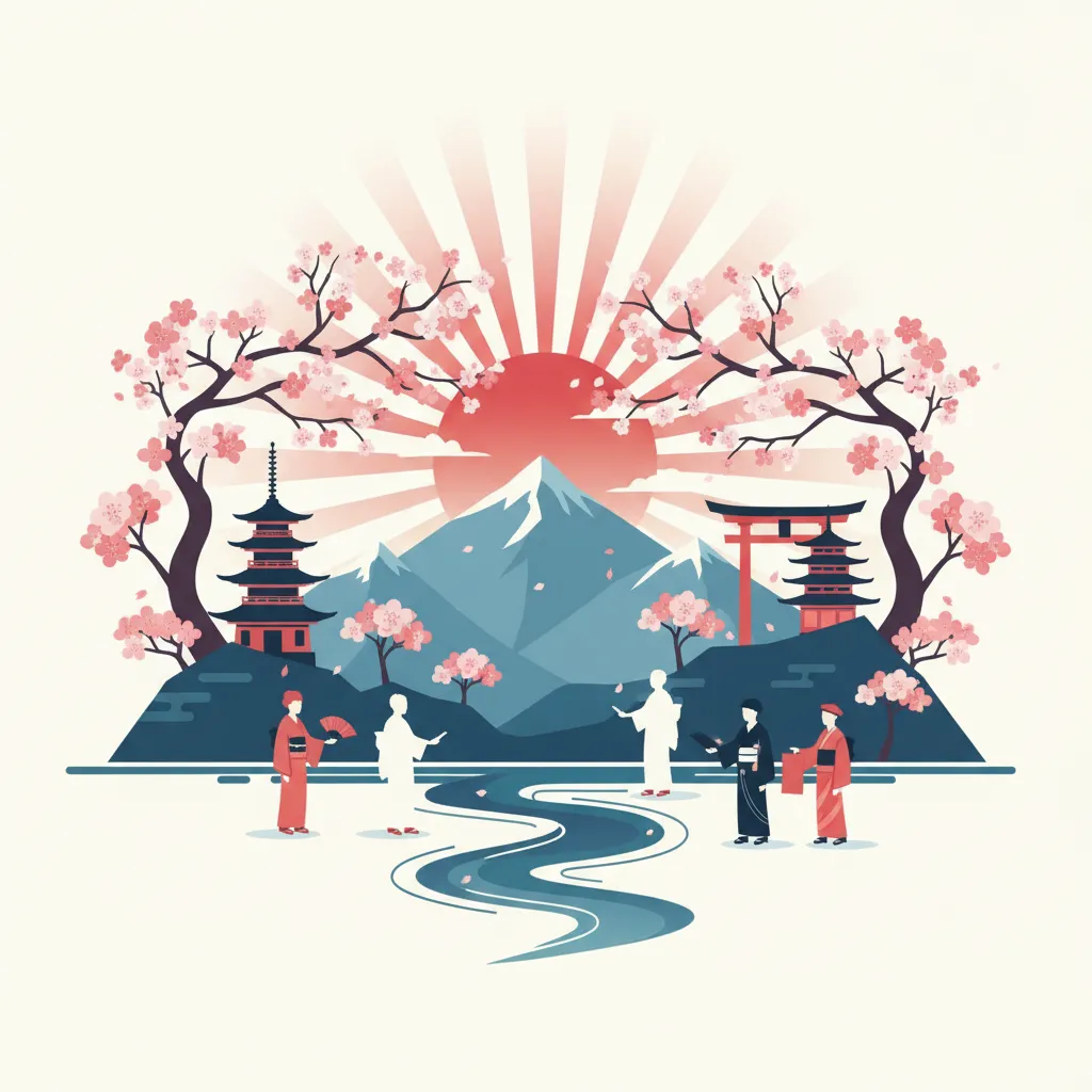 Illustration japonisante du mont Fuji avec torii, grues en vol et cerisiers en fleurs dans des tons rouge et crème