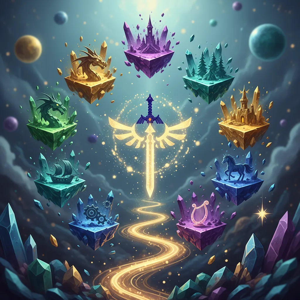Îles fantastiques flottantes reliées par un chemin lumineux menant à une épée dressée, dans des tons violets et dorés