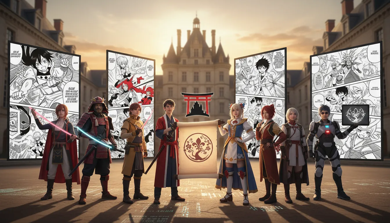 Groupe de cosplayeurs devant des planches de manga géantes en noir et blanc, bâtiment historique de Châteauroux au fond
