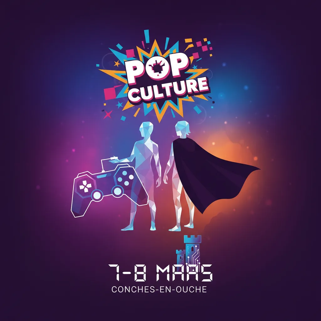 Affiche violette Pop culture des 7 et 8 mars à Conches-en-Ouche, silhouettes de cosplayeurs et manette de jeu