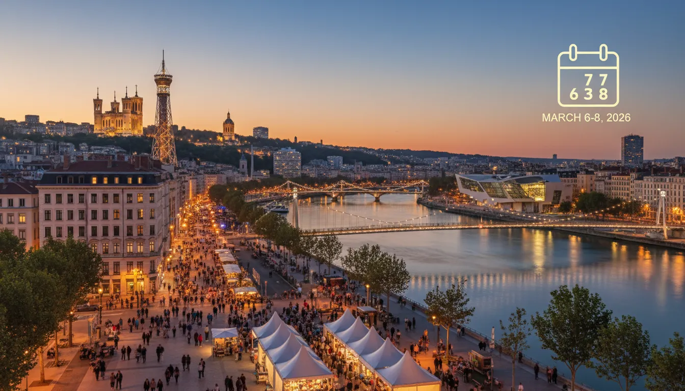 Vue aérienne d'une rue de Lyon animée par un marché au crépuscule, la Saône et la colline de Fourvière au fond
