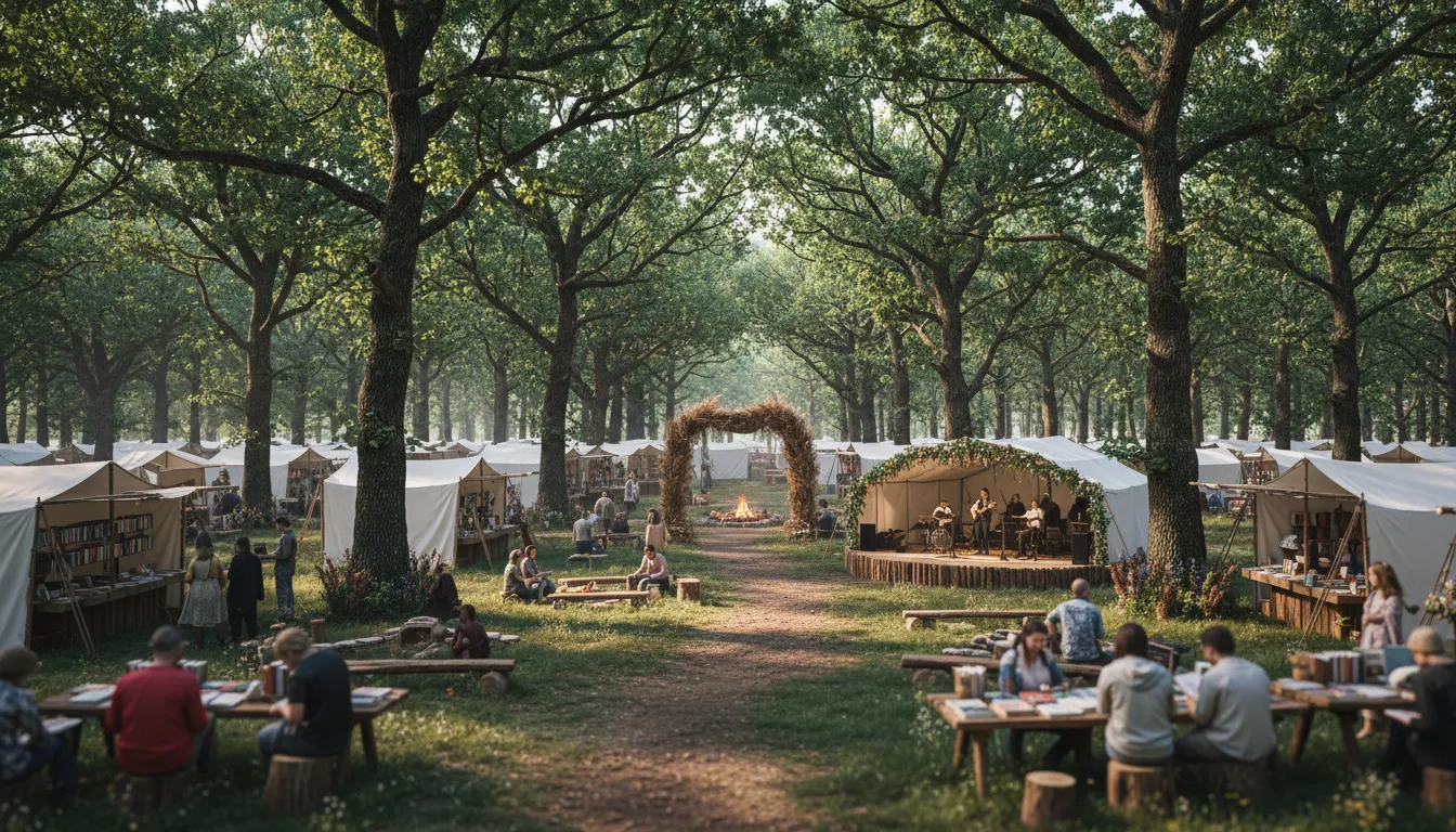 Stands de livres et arche en bois installés entre les arbres de la forêt d'Orléans, visiteurs attablés