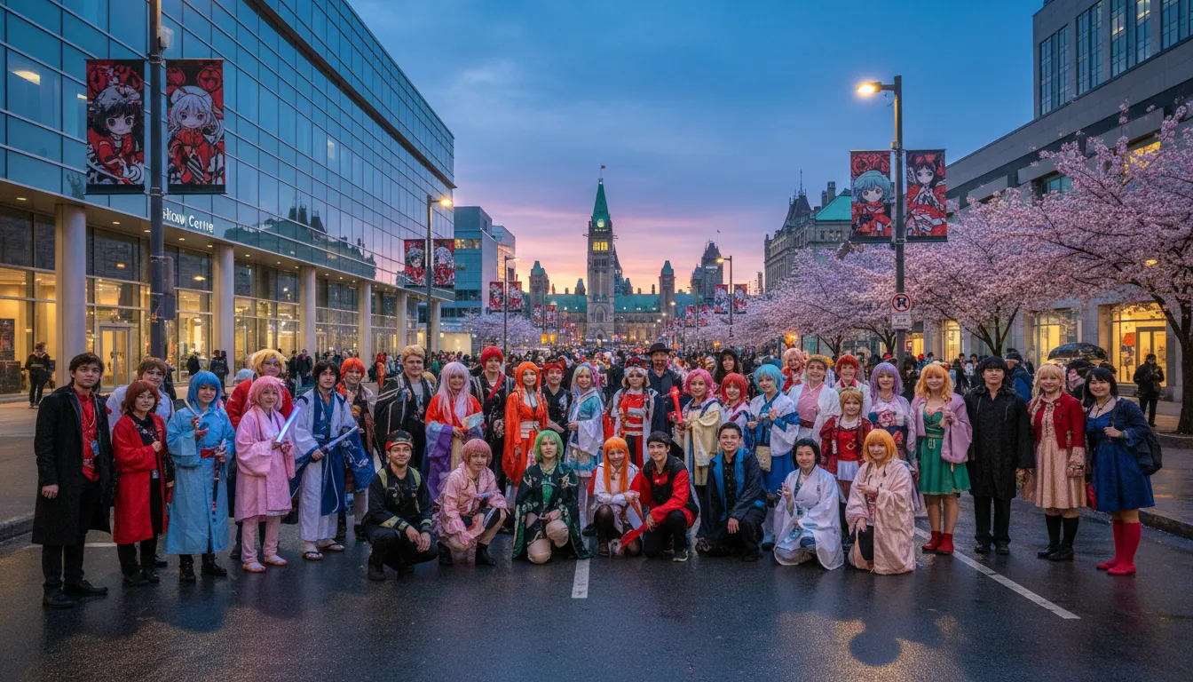 Foule de cosplayeurs posant sous les cerisiers en fleurs sur une place d'Ottawa, le Parlement canadien en arrière-plan