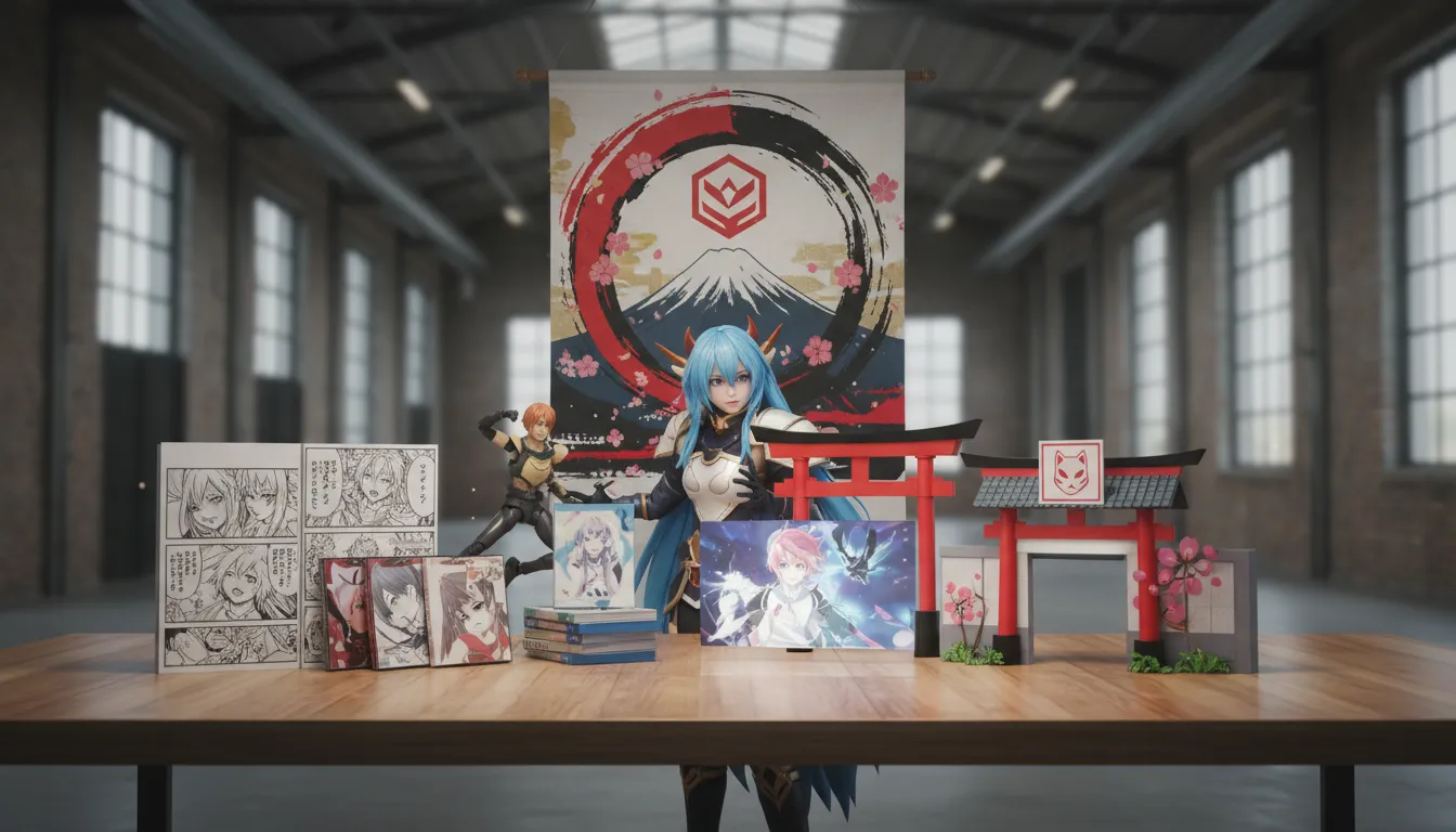 Figurine de personnage manga et petit torii rouge posés sur une table d'exposition dans une halle industrielle