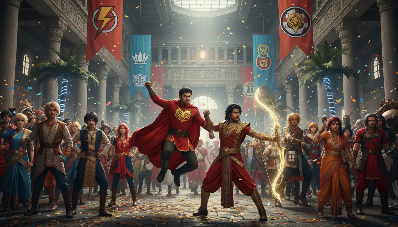 Foule de cosplayeurs en costumes de super-héros dans une grande halle de Calcutta ornée de bannières