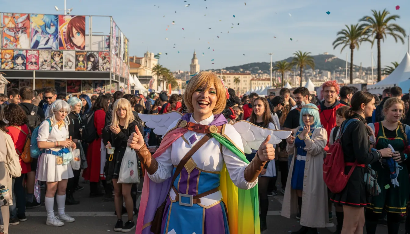 Cosplayeuse souriante drapée d'un drapeau arc-en-ciel au milieu de la foule d'un festival sous les palmiers de Toulon
