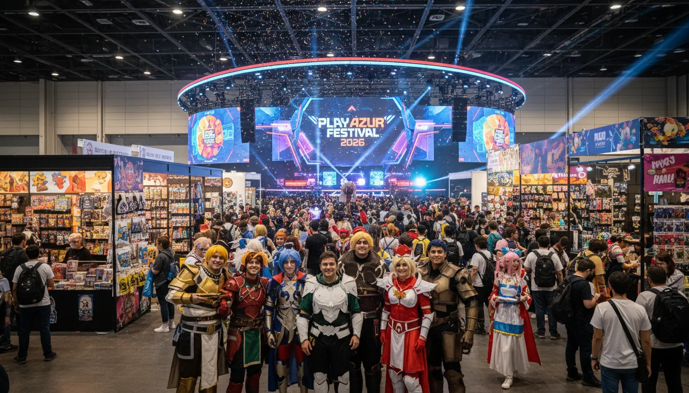 Allées du Play Azur Festival remplies de visiteurs et de cosplayeurs entre les stands, écrans géants au-dessus de la scène