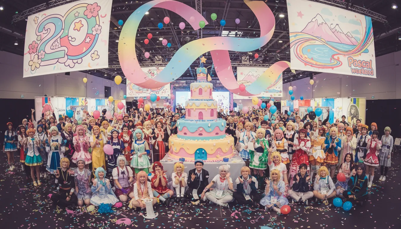 Foule de Polymanga réunie autour d'un gâteau d'anniversaire géant sous des banderoles portant le chiffre 20