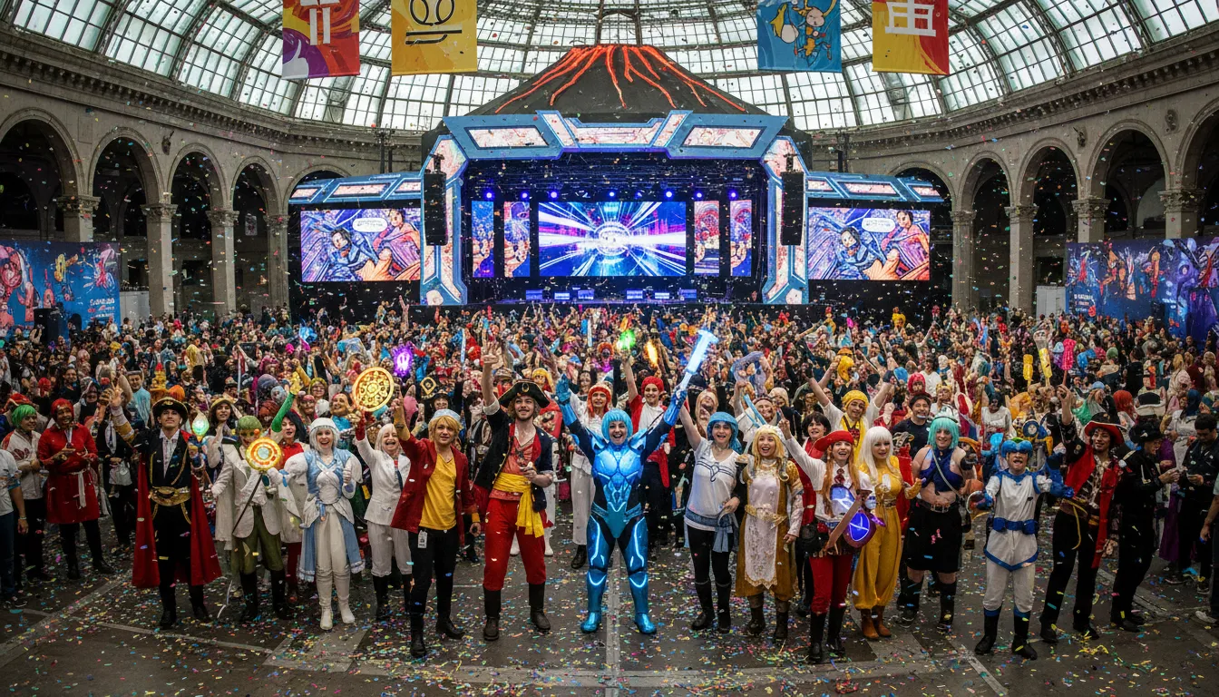 Halle vitrée du Comicon de Naples noire de monde, scène bleue illuminée entourée de cosplayeurs